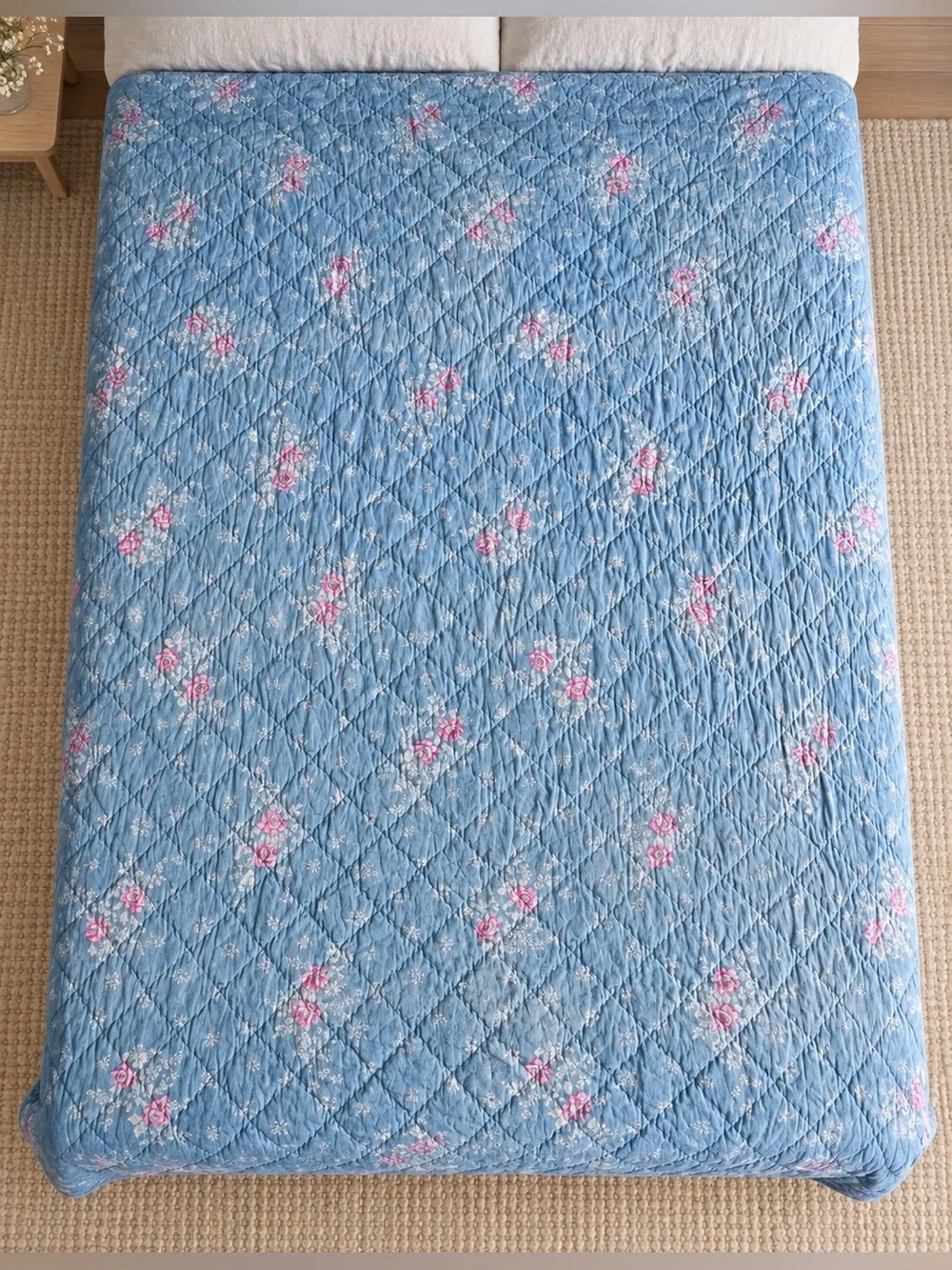 Vintage Reversible Blue Floral Quilt Coverlet 88 x 88